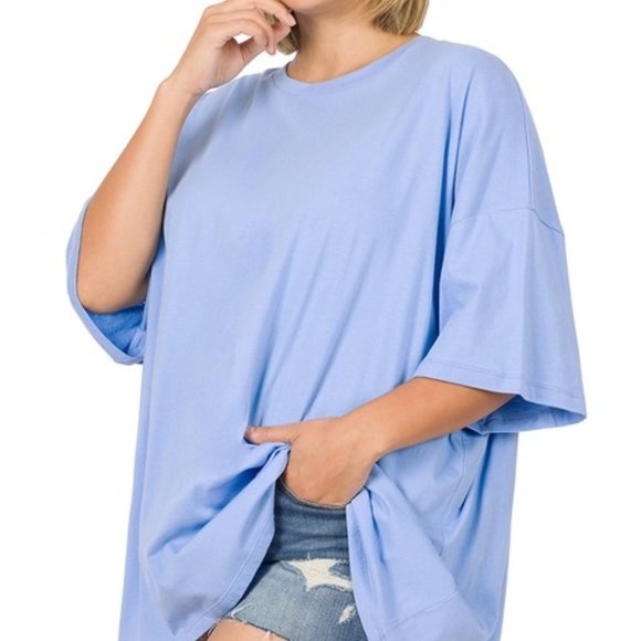 Plus Size Spring Blue Cotton Drop Shoulder Boyfriend Box Tee - Picture 3 of 3